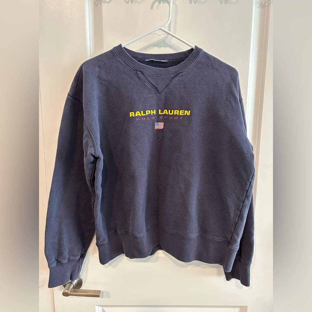 VINTAGE Ralph Lauren Sweatshirt Medium Navy Blue American Flag Crewneck 90s